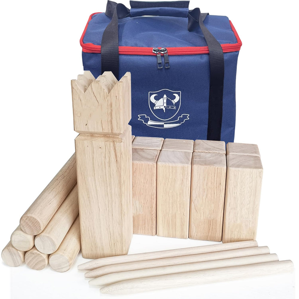 JacJoe All Pro front view of complete kubb set showing pieces and bag for easy storage