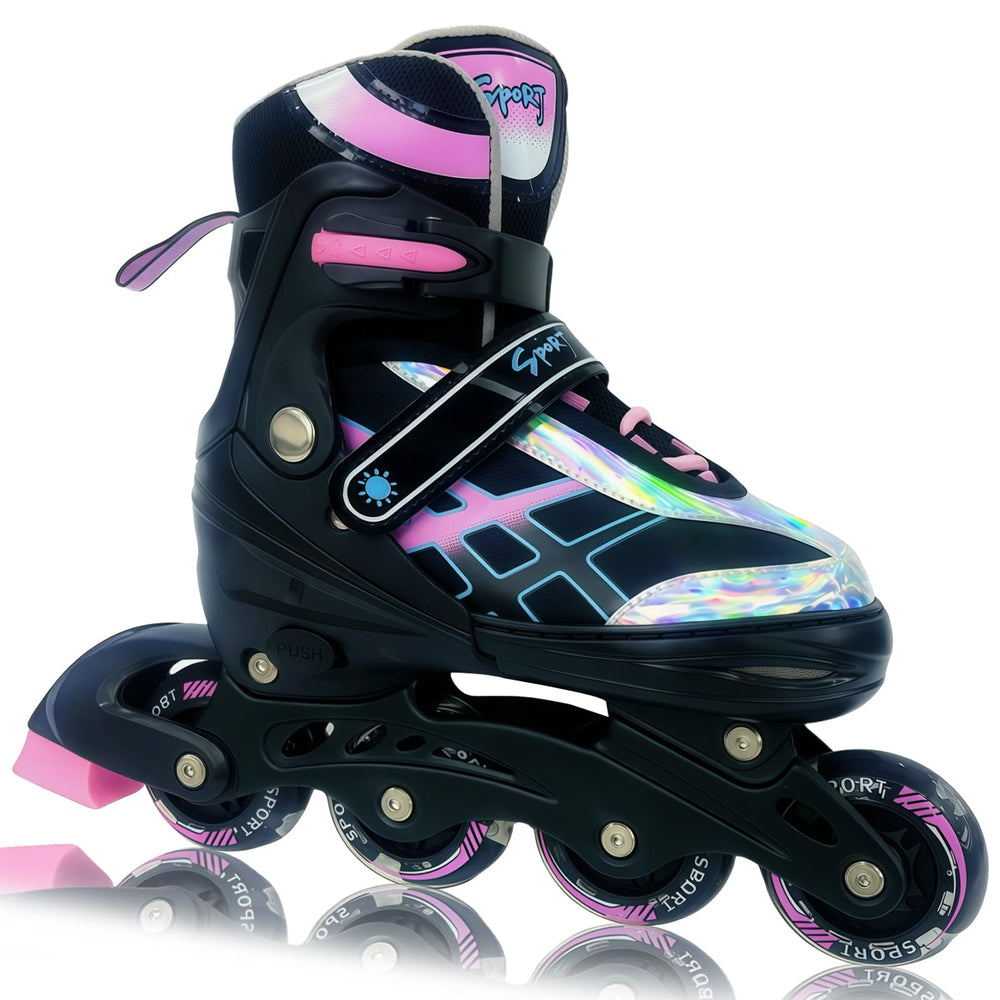 Janplay front view of skates showing design and fit benefit of clear sizing