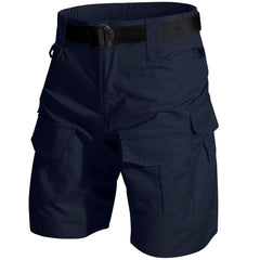 Jawtut front view of navy cargo shorts showing pockets and durable construction for versatility