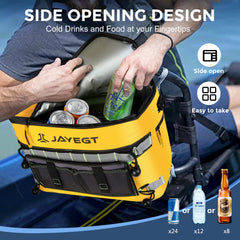 JAYEGT cooler attached to kayak seat keeps gear secure and hands-free