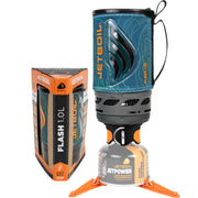 Jetboil Flash front view showing Ocean Topo design and compact packed benefit