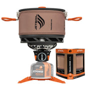 Jetboil TrailCook front view in tan showing compact group cooker and organized layout