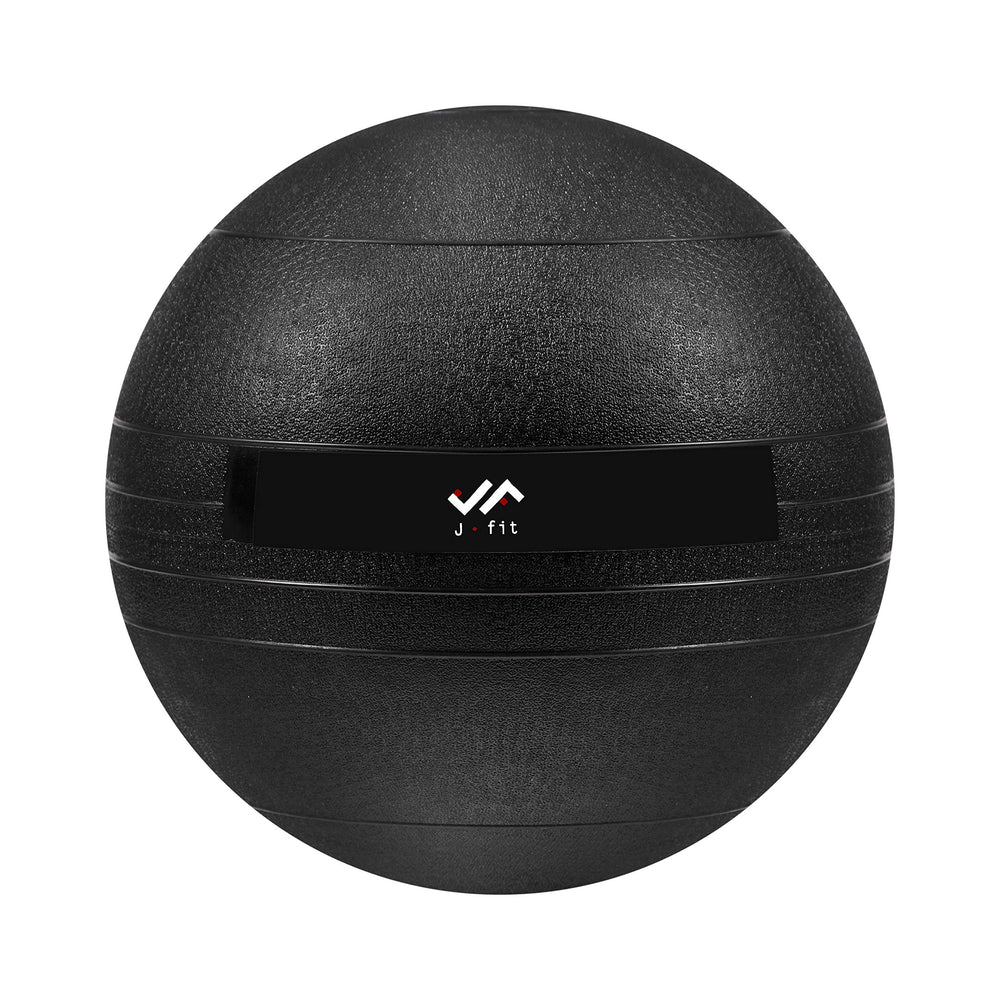 JFIT slam ball front view showing classic black shell and clear weight marking for confidence