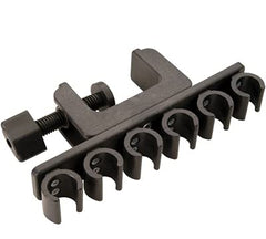 Joe Porper cue clamp front view showing clamp and six wrap-around clips protecting cues
