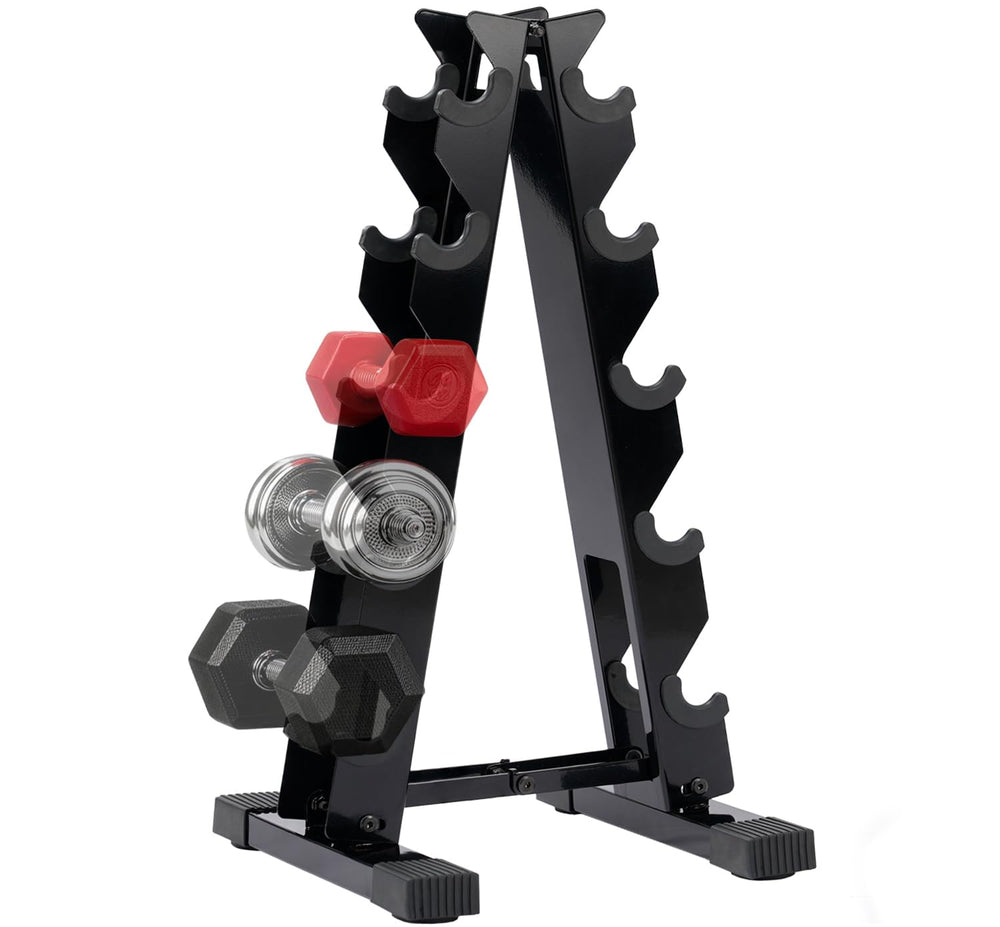 JORICY front view of 5-tier dumbbell rack showing organized storage and space saving