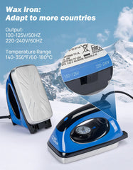 JOYTUTUS dual-voltage wax iron closeup showing temperature dial and travel-friendly power benefit reliability