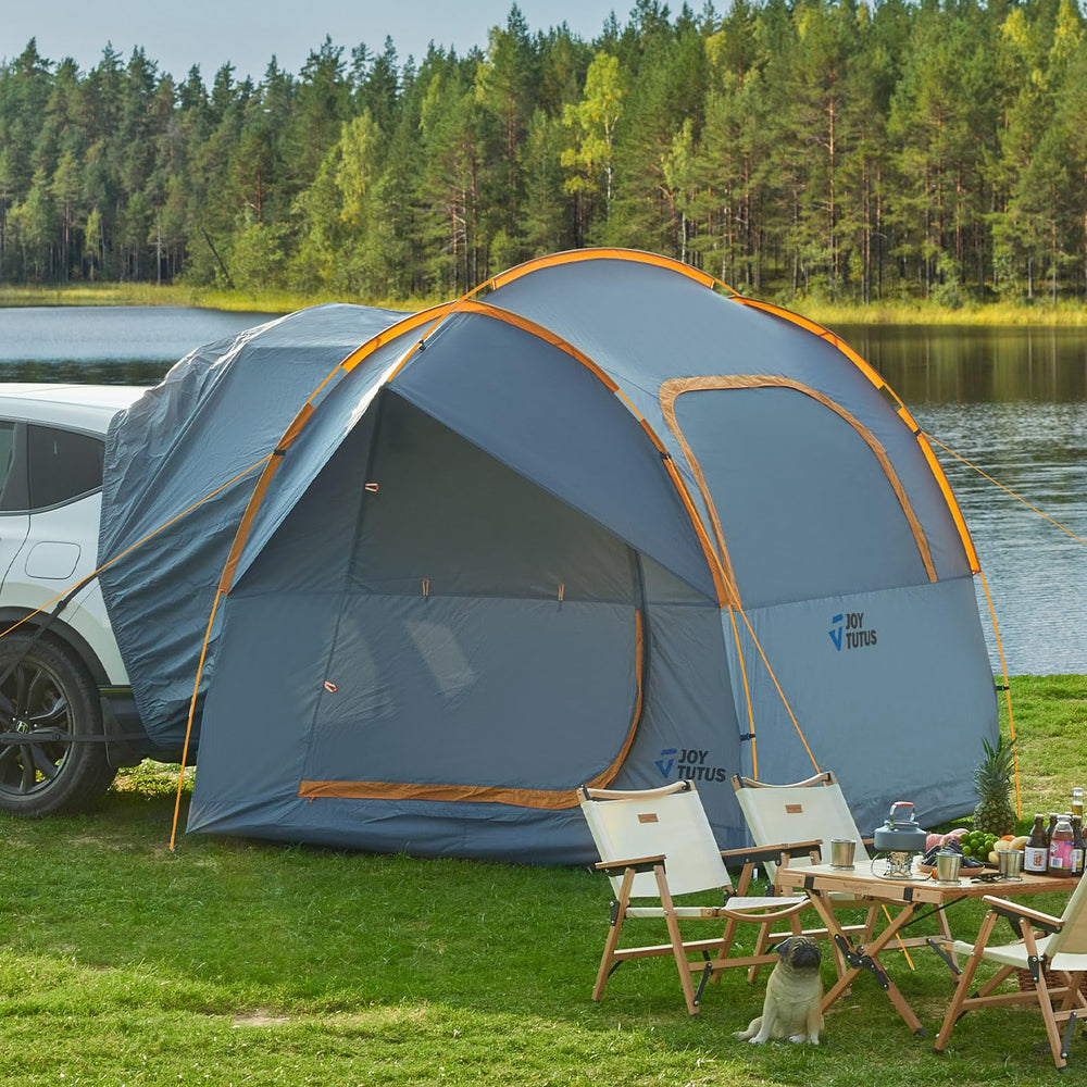 JOYTUTUS front exterior orange tent attached to SUV showing full footprint and entry benefits
