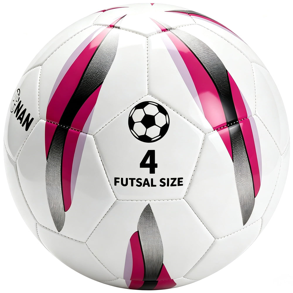 JPHNAN front view of white pink-purple futsal ball showing brand and clear markings for quick recognition.