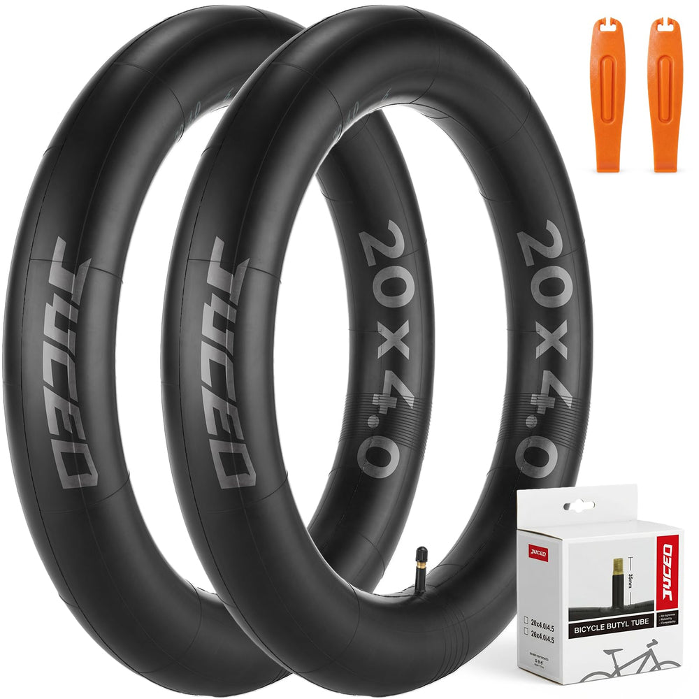 JUCEO front packaging showing two 20x4.0 tubes and tire levers for quick replacement benefit