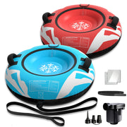 Juecity snow tube front pack showing two tubes and included pump for quick setup