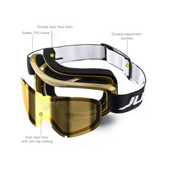 JULI gold lens closeup highlighting anti-fog coating and UV protection benefit safety