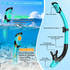 Jwintee dry-top snorkel detail showing valve and mouthpiece for secure breathing