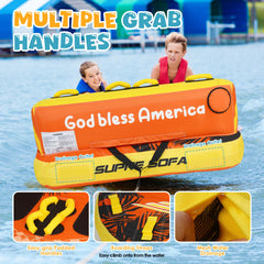 K-Musculo inflated on water with two riders demonstrating stability