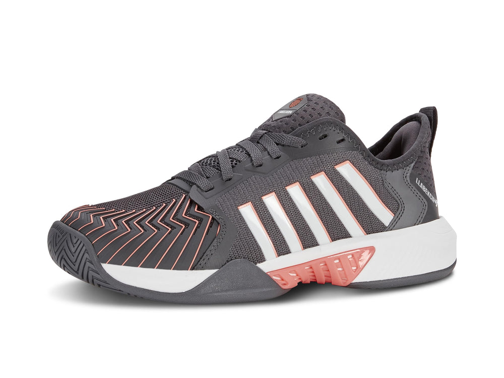 K-Swiss shoe front view showing Asphalt White Peach Amber and stable design benefits