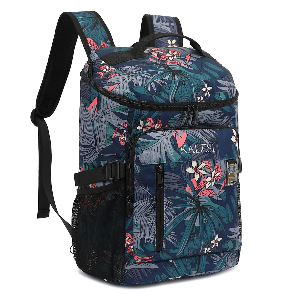 Kalesi front view showing floral cooler backpack for organized transport