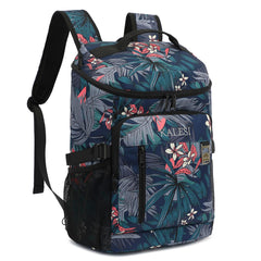 Kalesi front view showing floral cooler backpack for organized transport