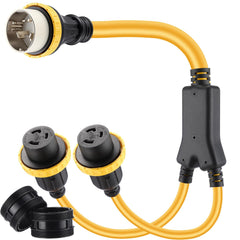 Kanayu SS2-50P to dual L5-30R front view showing connectors and benefits for safe sharing