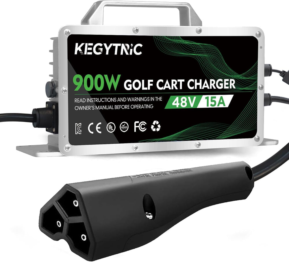 Kegytric front view of charger showing compact shape and durable build for easy replacement