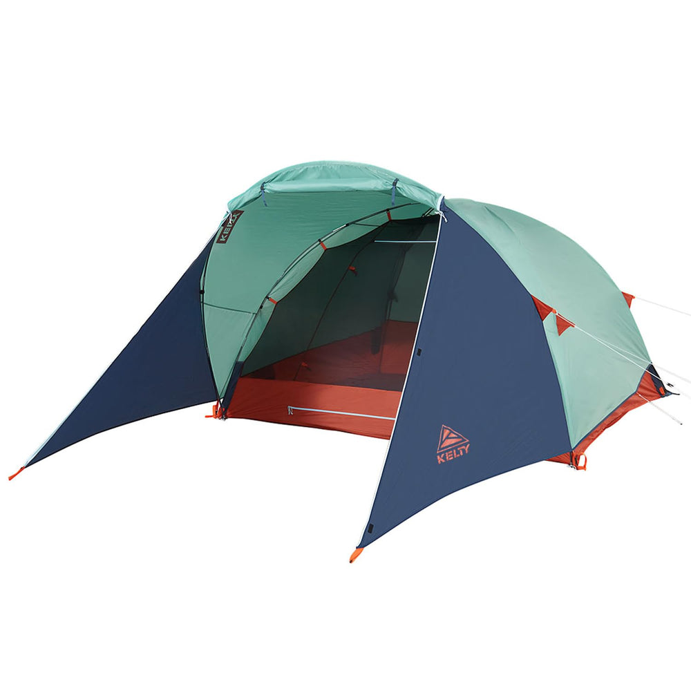 Kelty Rumpus front view showing tent setup and large vestibule for easy access