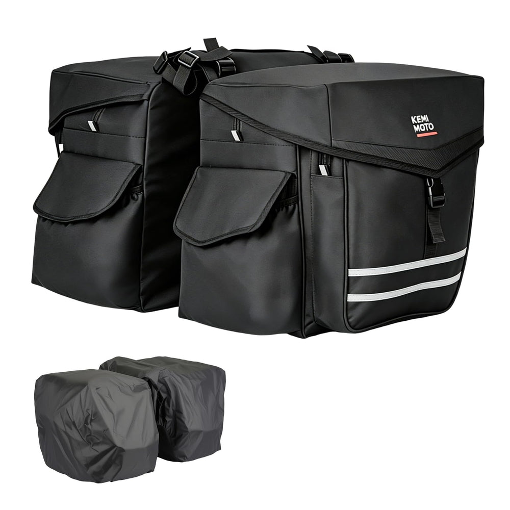 KEMIMOTO front view panniers mounted on bike rack showing storage benefit
