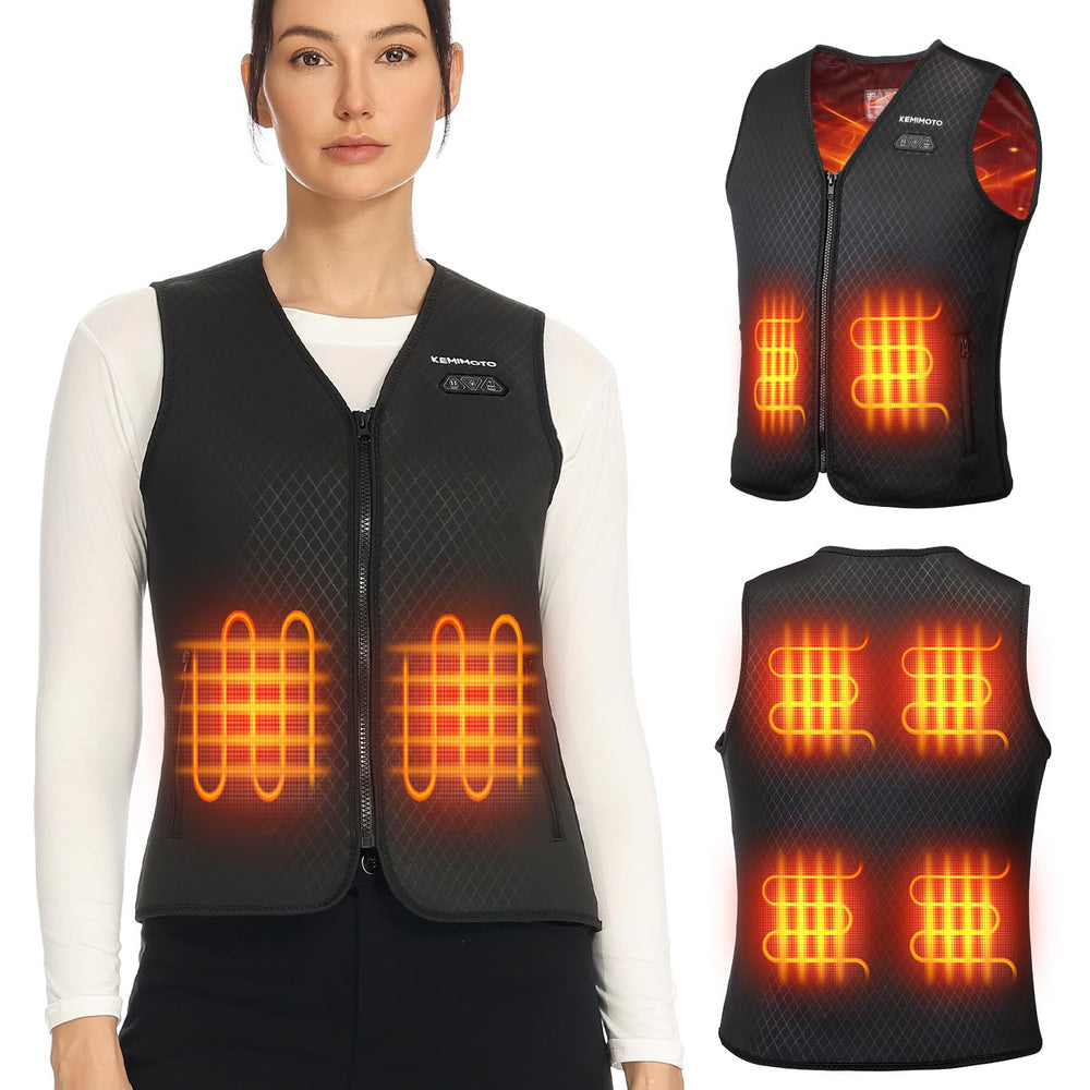 KEMIMOTO front view of V-neck heated vest showing slim profile and style benefit