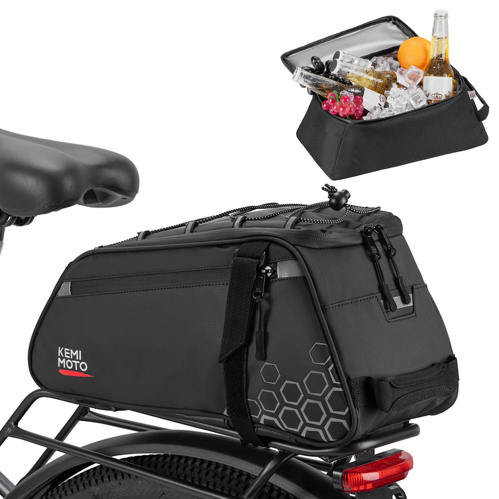 KEMIMOTO rear rack bag front view showing organized storage and durable exterior benefit