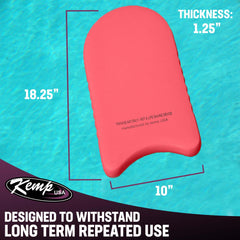 Kemp USA kickboard held by adult hand showing 19x10 inch scale