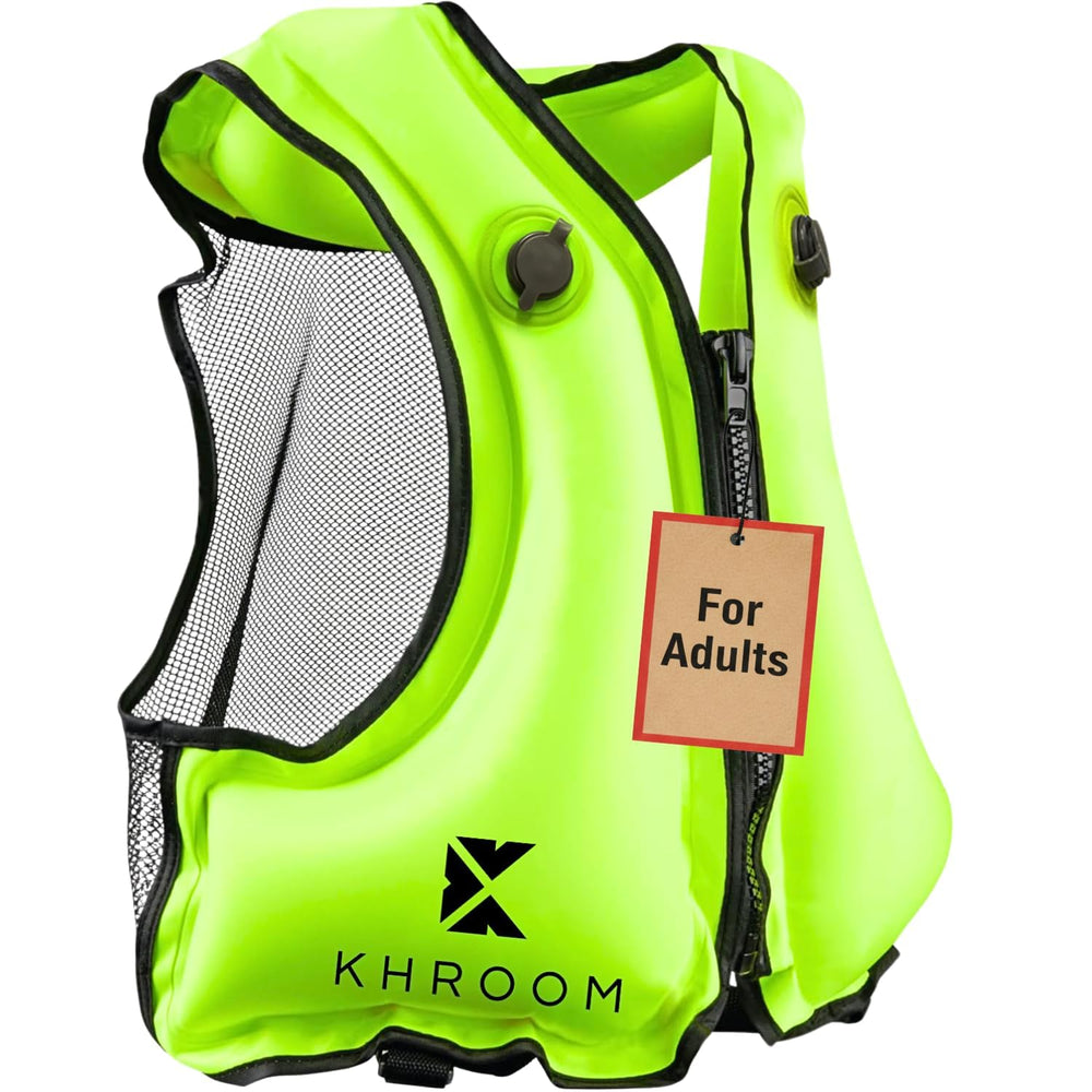 Khroom front view of yellow snorkel vest showing fit and closure for comfortable flotation