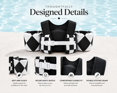 KIDSco swim vest back closure detail showing snap that keeps vest secure during play