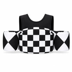 KIDSco swim vest front view showing secure fit and checkerboard style benefit confidence