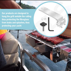 KINTLE brackets mounted on a boat rail demonstrating outboard grill placement that protects the hull from drips