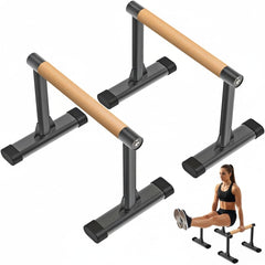 Kipika parallette bars front view showing sturdy alloy frame and wood handles benefit stability