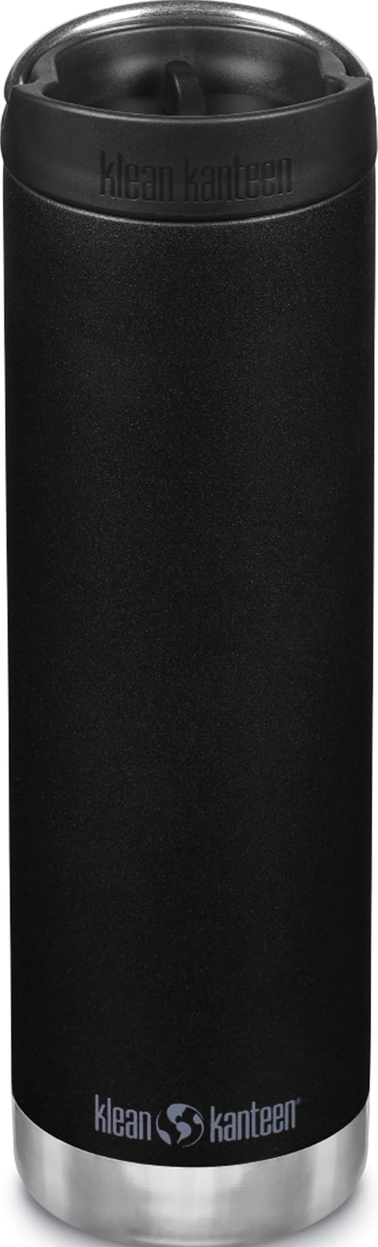 Klean Kanteen front view showing sleek black finish and logo benefit durable design