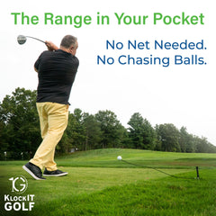 KLOCKITGOLF trainer in use in a backyard demonstrating tempo feedback