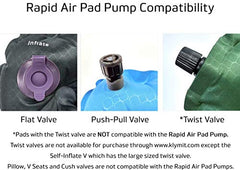 Klymit pump connector close-up displaying included adaptors and secure valve fit benefit