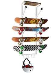 Koutemie front view of assembled rack showing tidy skateboard display and space savings