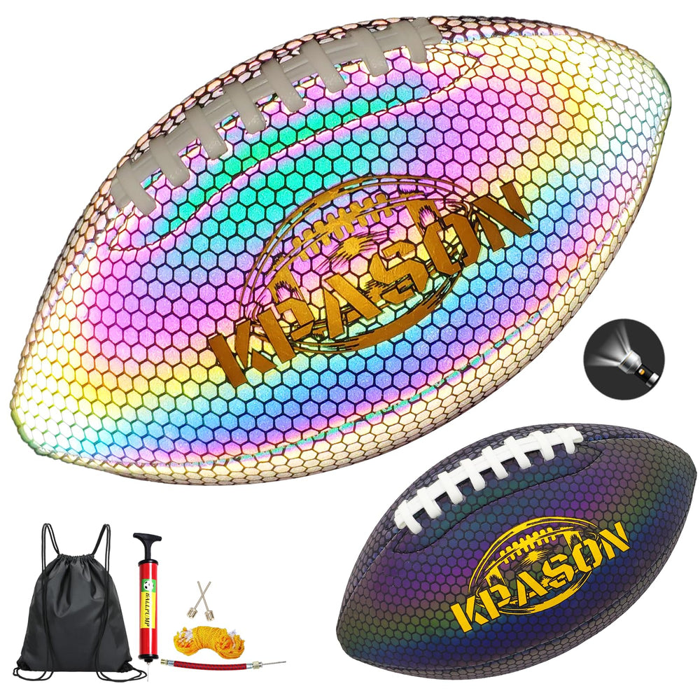 KPASON holographic football front view showing vibrant reflective finish and official size