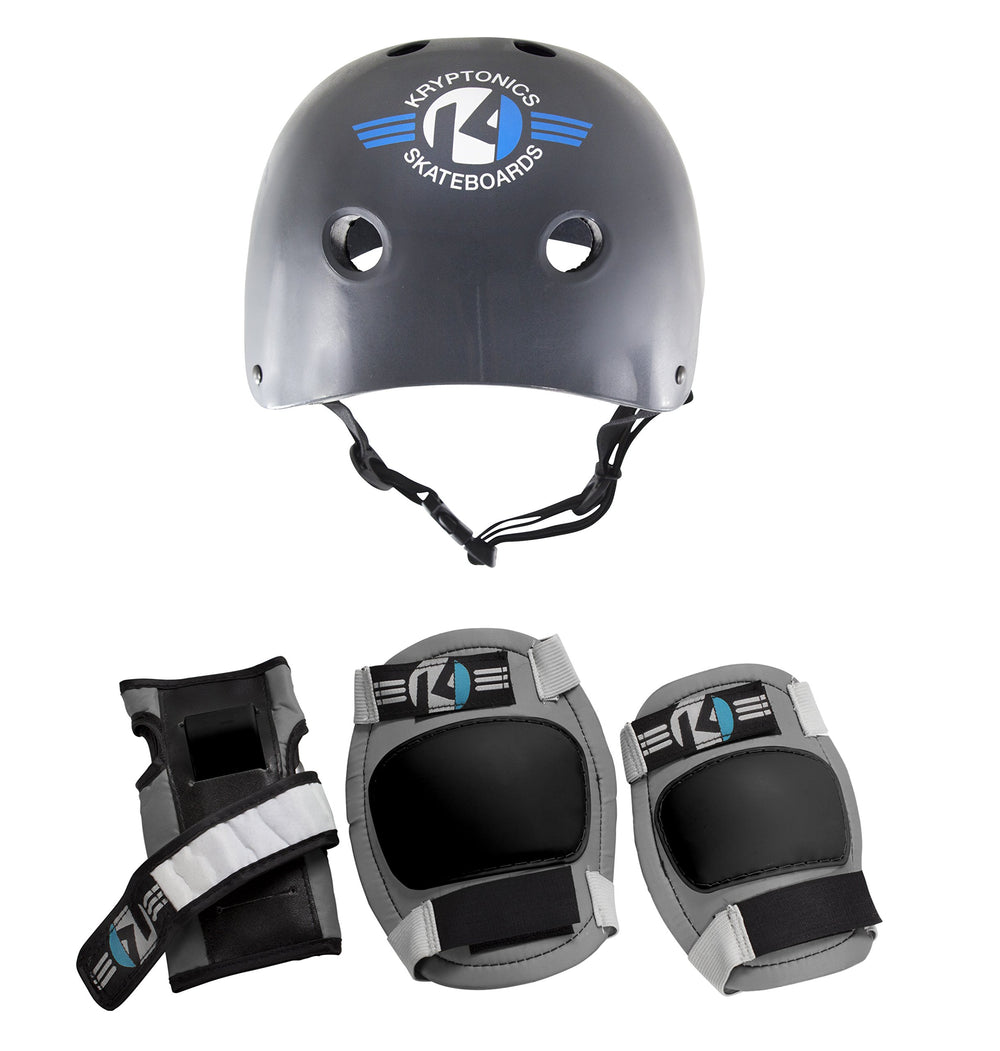 Kryptonics front view showing helmet and pads for full-child protection