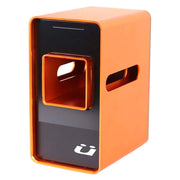 Kuat Rack Dock front view showing orange finish and compact profile benefit: neat storage