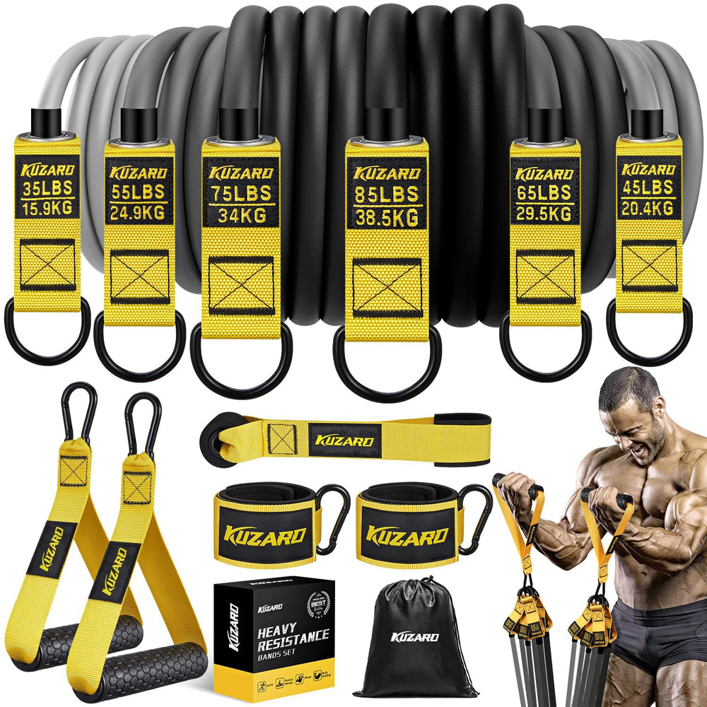 KUZARO front packaging showing full resistance band kit and portability benefits