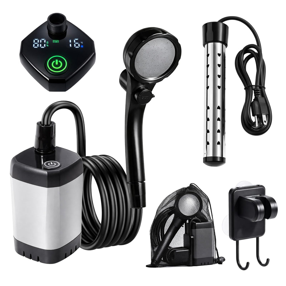 KVNTOOLS front view showing compact portable shower and handle, convenient for travel