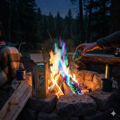 Lakeland cones in a backyard firepit with friends enjoying colorful flames