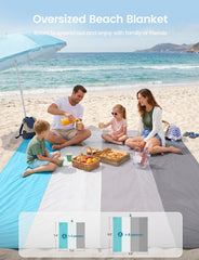 Lamicall blanket staked into sand demonstrating wind stability benefit