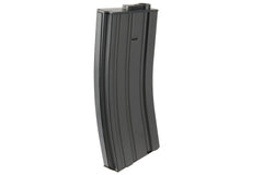 Lancer Tactical front view of four black mid-cap magazines showing durable metal shell and compact design benefit