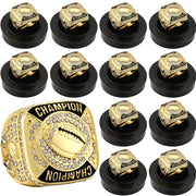 Landical front packaging showing full 12-piece gold ring set and stand, great for team awards