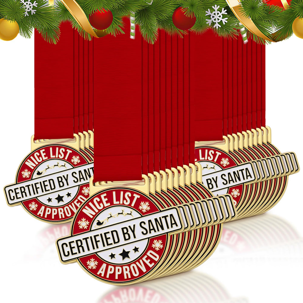 Landical front view of full pack of 12 medals showing festive presentation and value