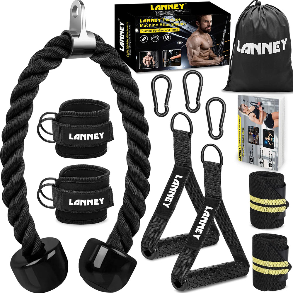 LANNEY front view of complete cable attachment set showing rope, handles and straps for versatile workouts