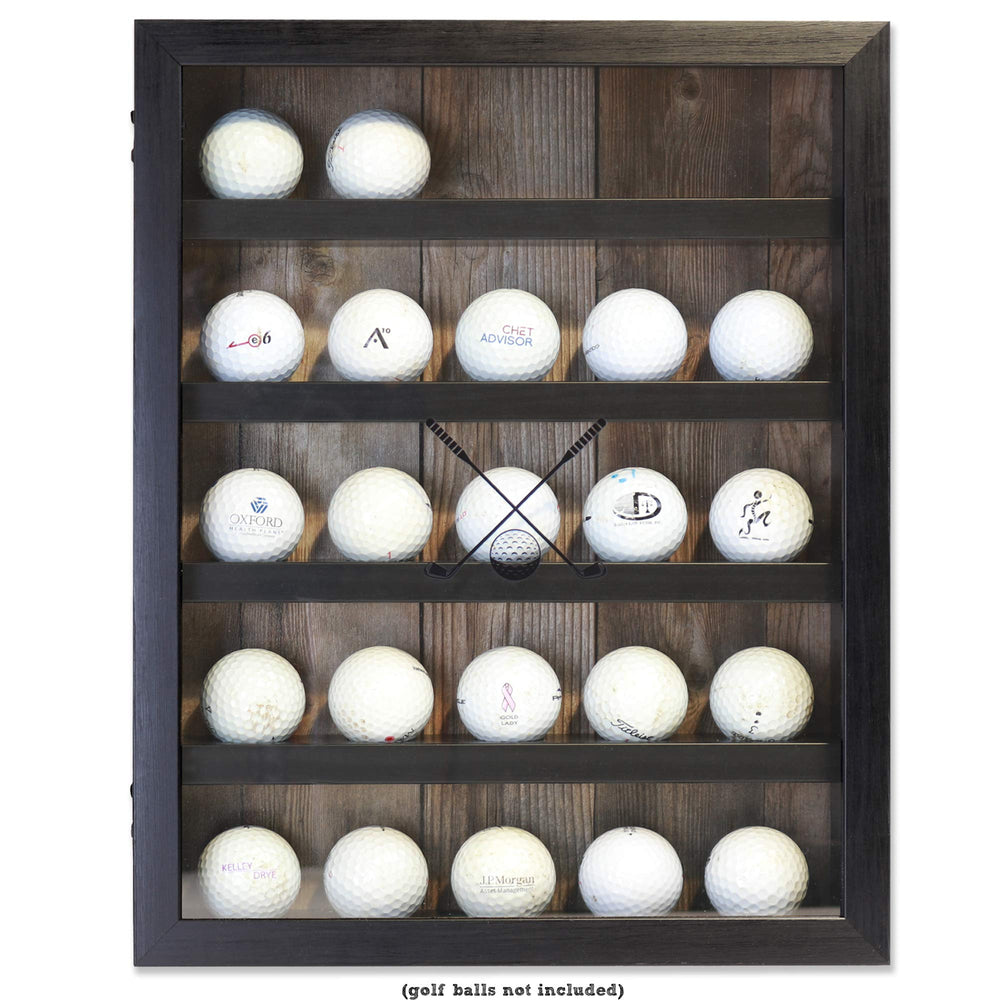 Lawrence Frames front view showing black wood-grain and arranged golf balls, durable display