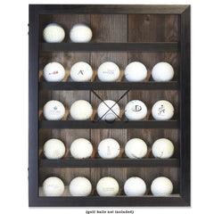 Lawrence Frames front view showing black wood-grain and arranged golf balls, durable display