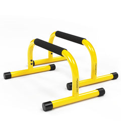 Lebert Fitness front view of yellow parallettes showing stable steel frame and bright finish